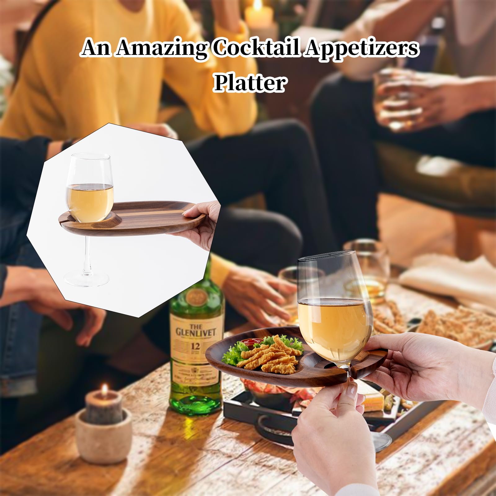 Set di 4 piatti da antipasto in legno con supporto per calici da vino, piccoli formaggi per feste di vino, feste di inaugurazione della casa, feste di compleanno (acacia)