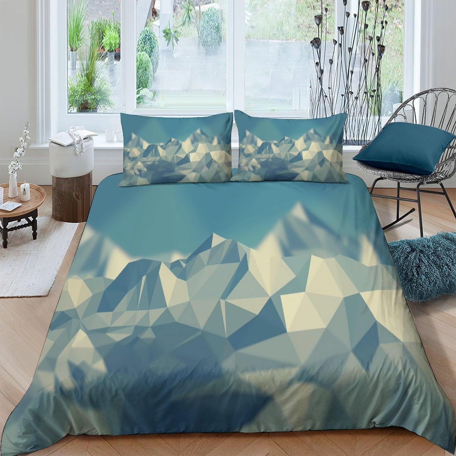 Ctjqhvkz Style-4 3D Printed Geometric Mountain Fitted Sheet Microfiber Modern Blue Abstract Mattress Cover For Bedroom Dorm Decor Single（135X200cm）