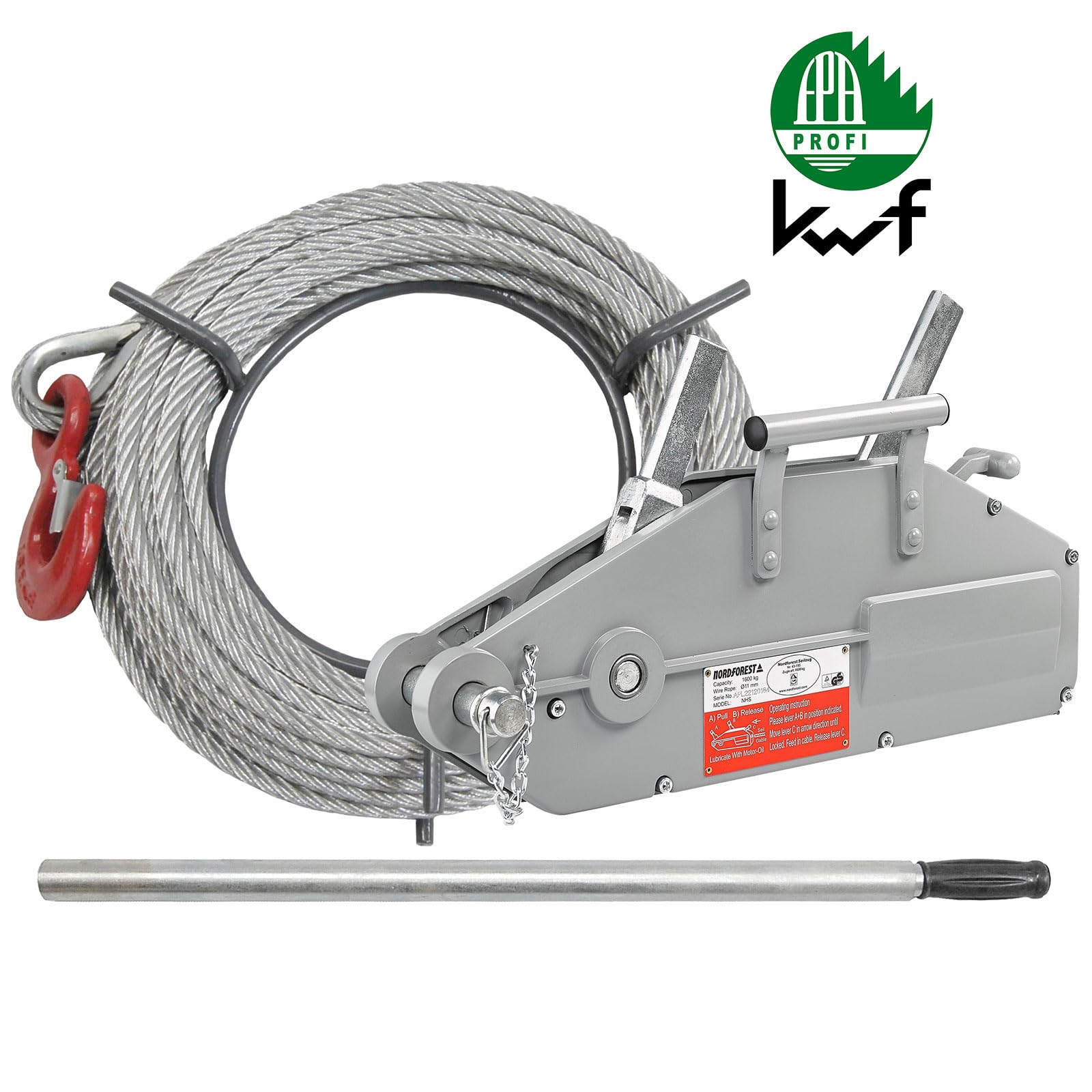 Nordforest Seilzug 1600 kg – Handseilzug mit 20 m Stahlseil Ø 11 mm – Forst Seilwinde für Holzrücken & Baumfällung – inkl. Hebelrohr & Überlastschutz