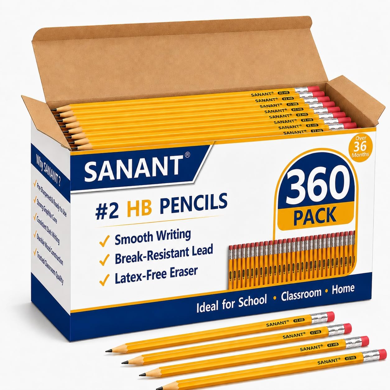 Wood-Cased #2 HB Yellow Pre-Sharpened Pencils with Top Erasers 360 Pack