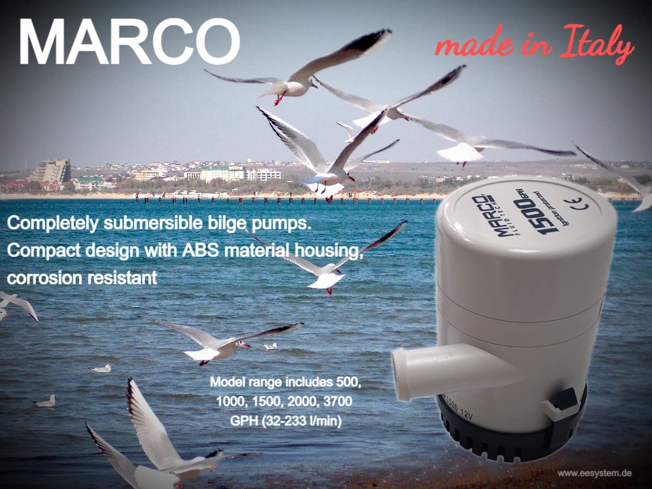 MARCO Lenzpumpe UP500 12V 32 l/min, Bilge-Pumpe in Italien hergestellt