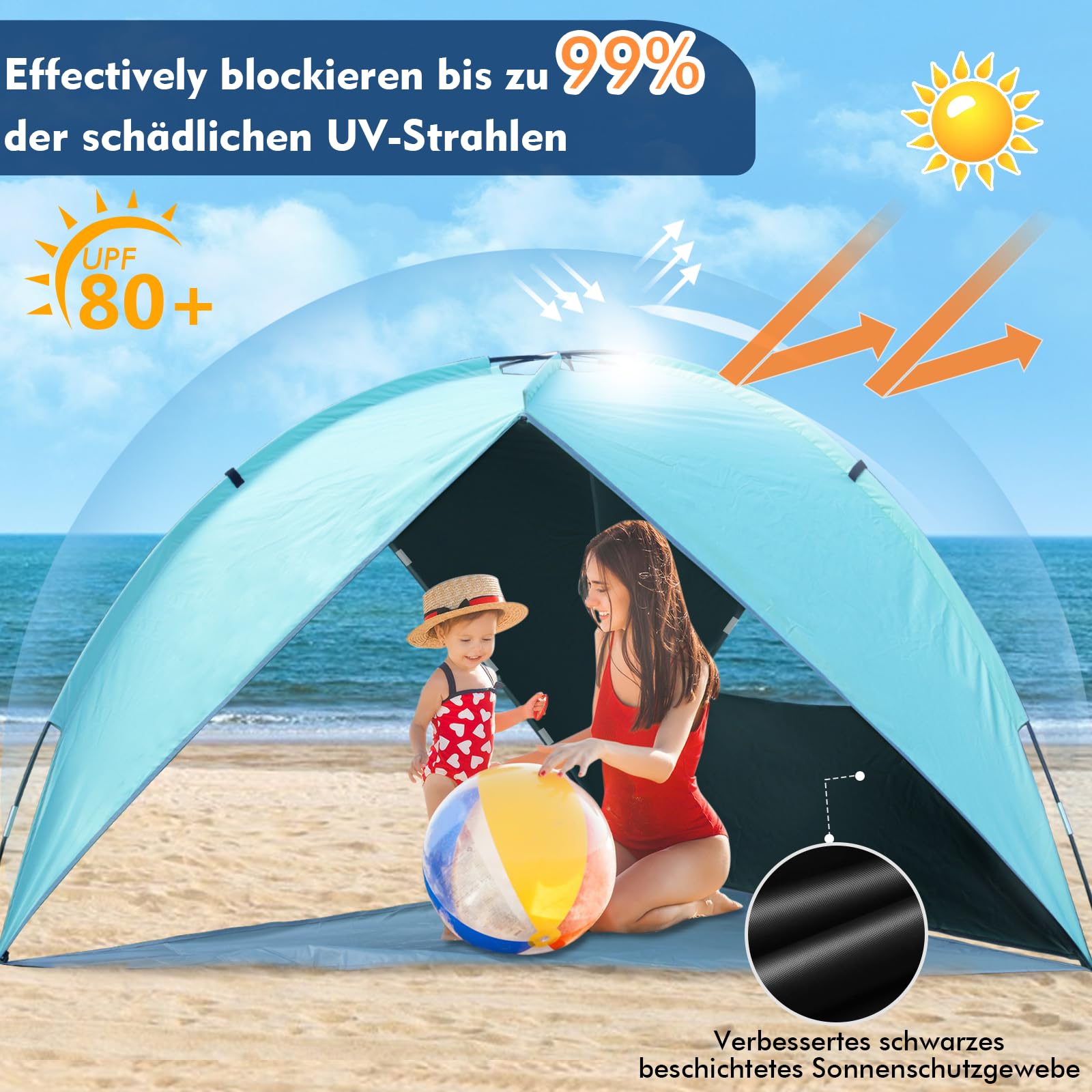 Tente De Plage NXONE 2-3 Personnes UV - L'abri Parasol Vert Menthe, Compact !