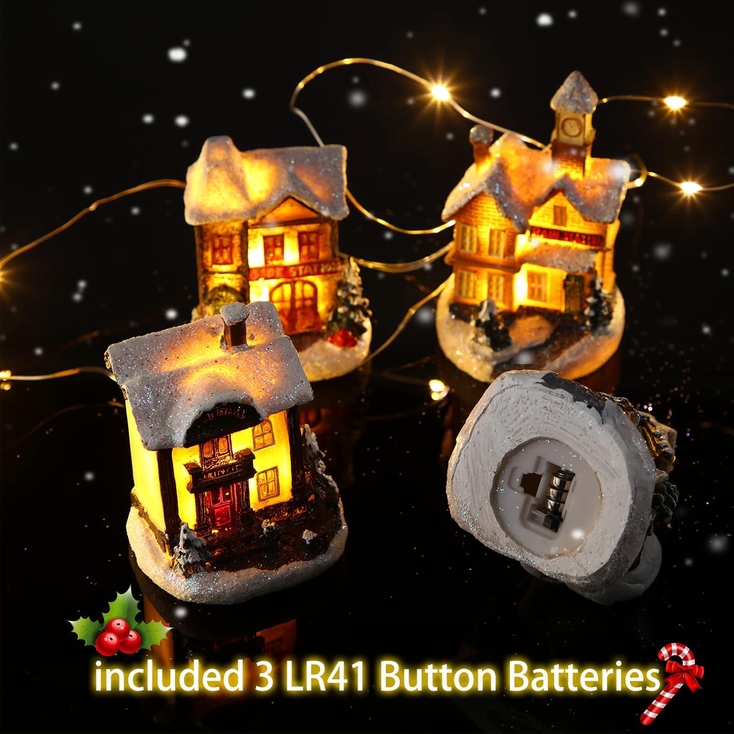 Tuanse 15 Pcs Christmas Village Accessories Set 4 LED Lighted Village Houses 10 Frosted Trees 3.5 oz Fake Snow for Christmas Collection Tabletop Mantel Shelf Indoor Room Decor(Rustic)