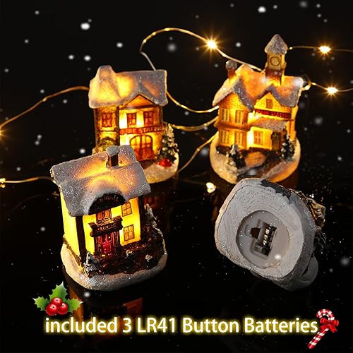 Miniatura 10 de Juego de 15 piezas de accesorios de pueblo de Navidad, 4 casas de pueblo de Navidad iluminadas con LED, 10 árboles esmerilados de 3.5 onzas, nieve