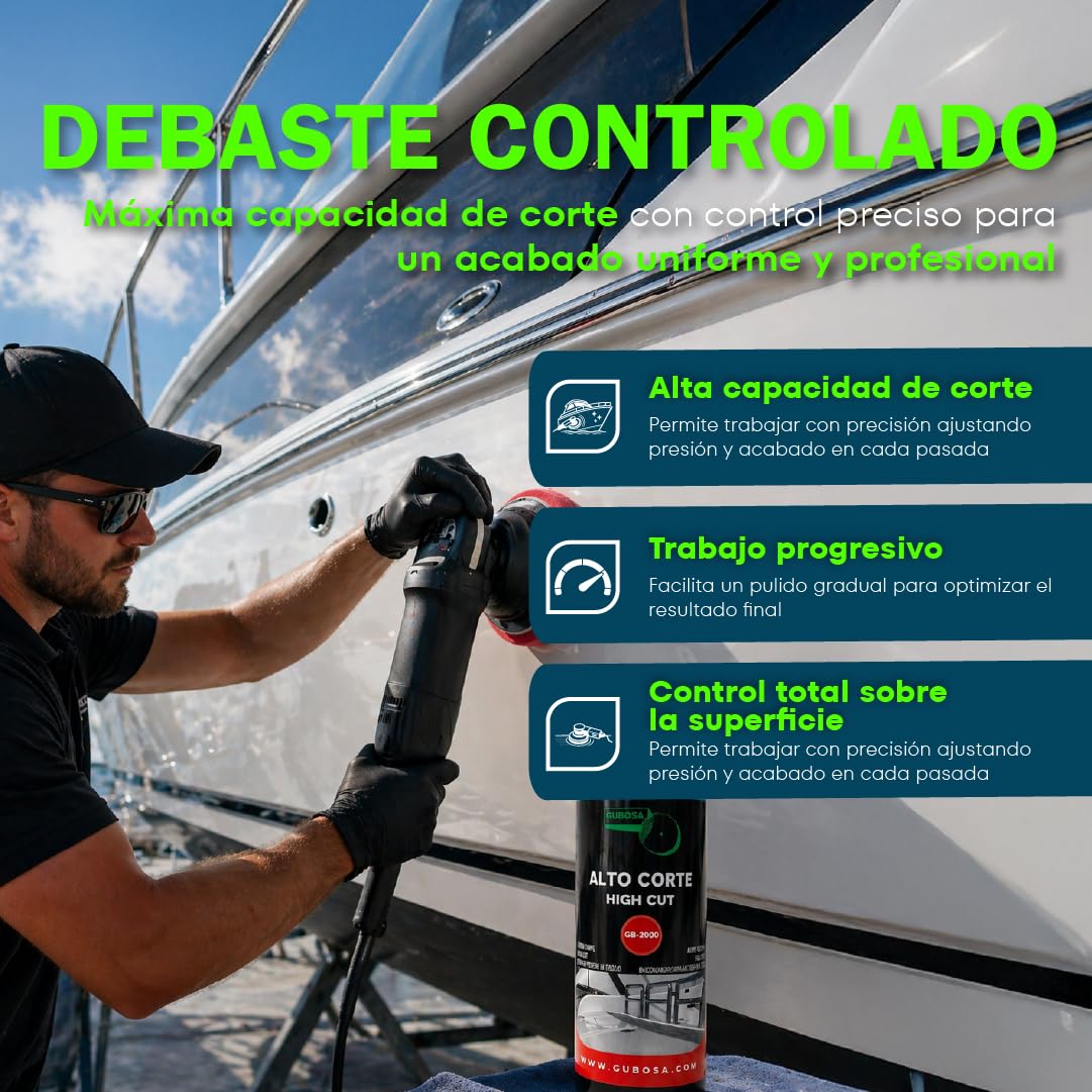 Pulimento nautico alto corte eliminador de oxido metal quita oxido gelcoat restaurador superficies marinas con pad 180mm kit botella 1L para pulidora rotativa u orbital | GUBOSA