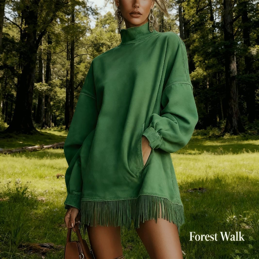 Women’s Velvet Tassel Mini Dress High-Neck Suede Velvet Vintage Dress with Loose Pocket Fringe Long-Sleeve Dress - Image 5