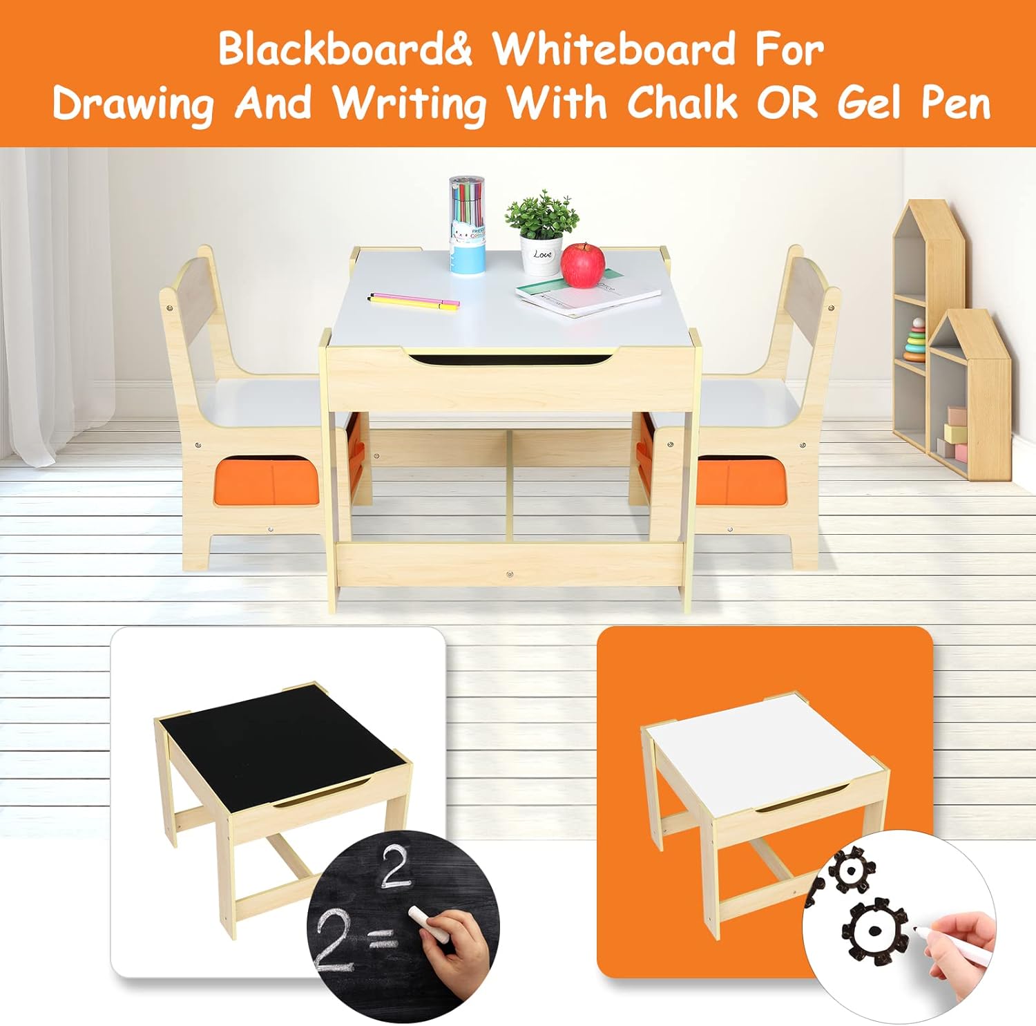 LEADZM 3 Piece Children's Table and Chairs Set with 2 Chairs with Storage Space