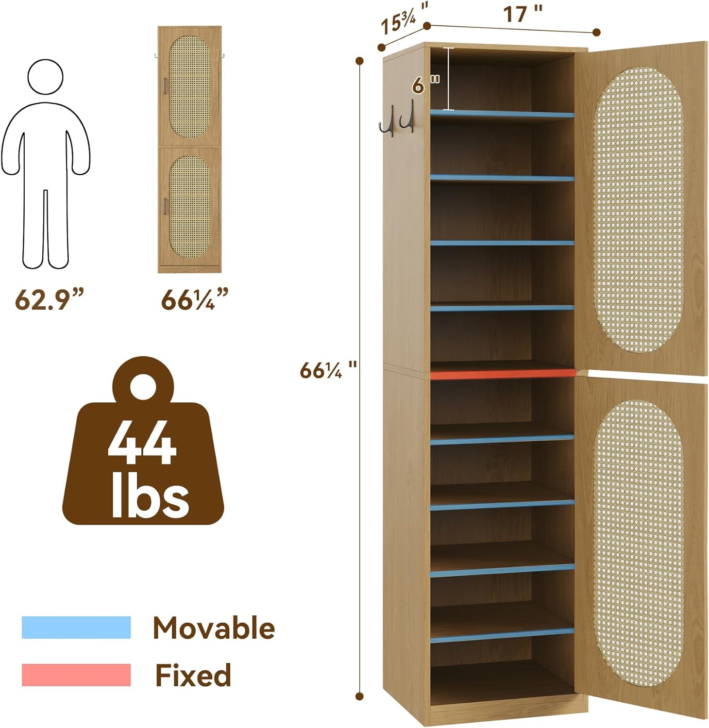 Detailed features of Epecoya cabinet: hooks, adjustable shelves, rattan doors