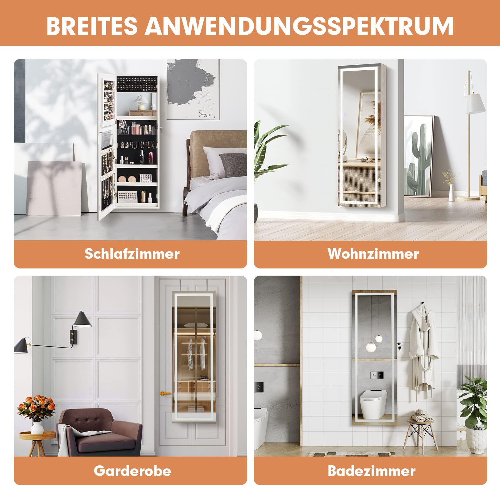 RELAX4LIFE Schmuckschrank mit 2 Spiegel & Touchscreen-LED-Licht, Schmuckregal mit Schloss, Schmuckorganizer für Ohrringe & Armband & Kette & Ringe & Kosmetik, Tür- & Wandmontage (Weiß)