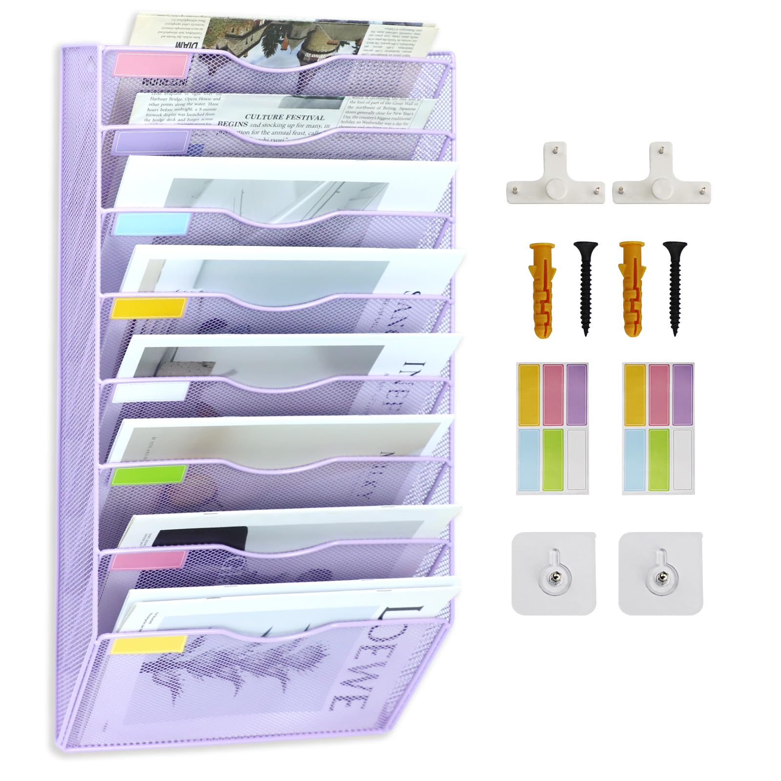 Ideallife Black 8 Pockets Mesh Wall File Holder Organizer Office Hanging File Folder Magazine Rack, Nametag Label Hooks Set Included (Purple)