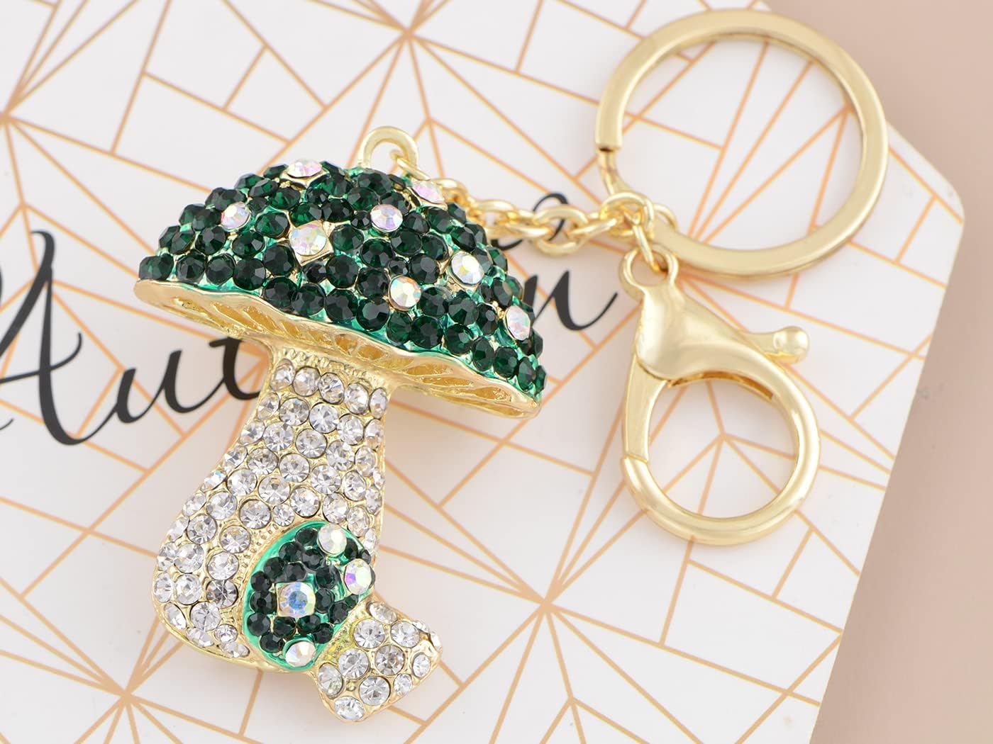 Alilang Golden Tone Sparkly Aurora Borealis Emerald Clear Austrian Crystal Rhinestones Mushroom Charm Keychain - Image 2