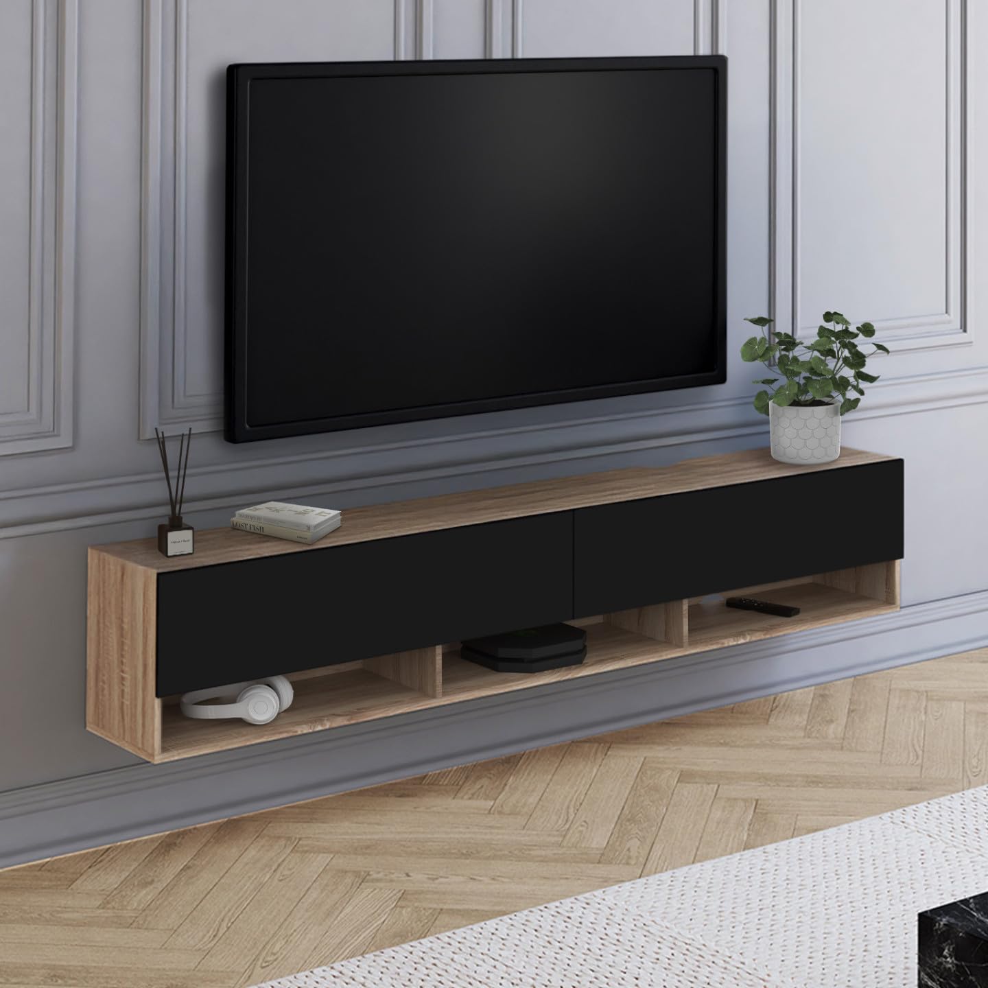 IDMarket - Mueble TV suspendido ELIO con estante de 2 puertas en madera y negro 180 cm