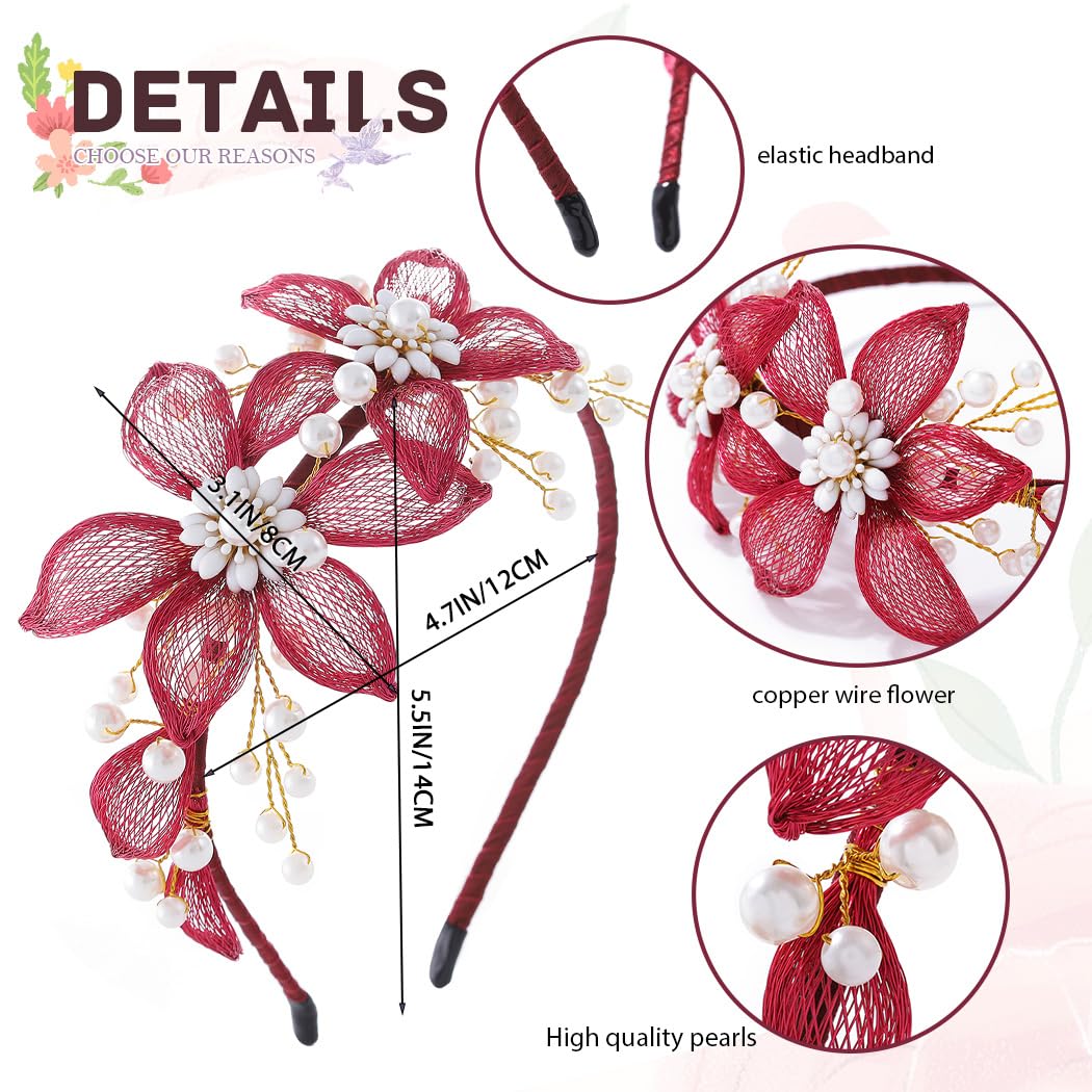 IYOU Flower Wedding Headband Red Pearl Hair Bands Copper Wire Prom Bridal Hair Accessories for Women - Image 3