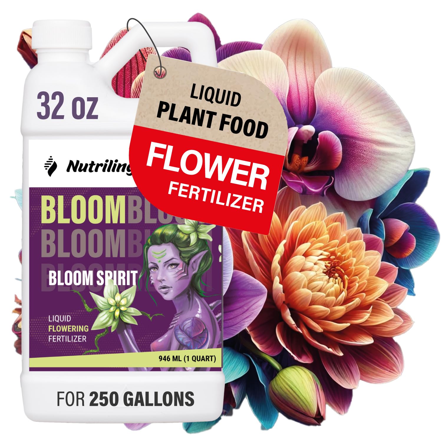 Blooming Fertilizer for Flowers - Orchid, Rose, Hibiscus, Hydrangea, Bougainvillea or as Flower Bloom Fertilizer Indoor Outdoor Garden Liquid Plant Food - Bloom Spirit PK 0-5-4 32 OZ Nutriling