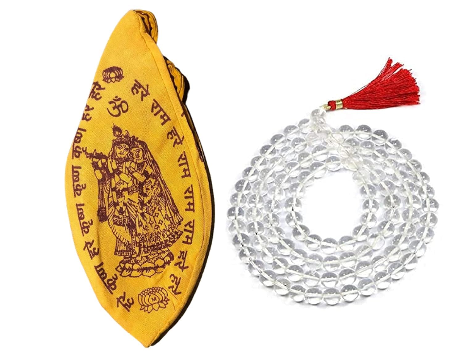 TreegoArtClear Crystal Quartz Rosary Sphatik Jaap Mala 108+1 Beads With Hare Ram Hare Krishna Bag For Pooja Transparent Stones Rosary - Pack Of 1, M, Crystal, no gemstone