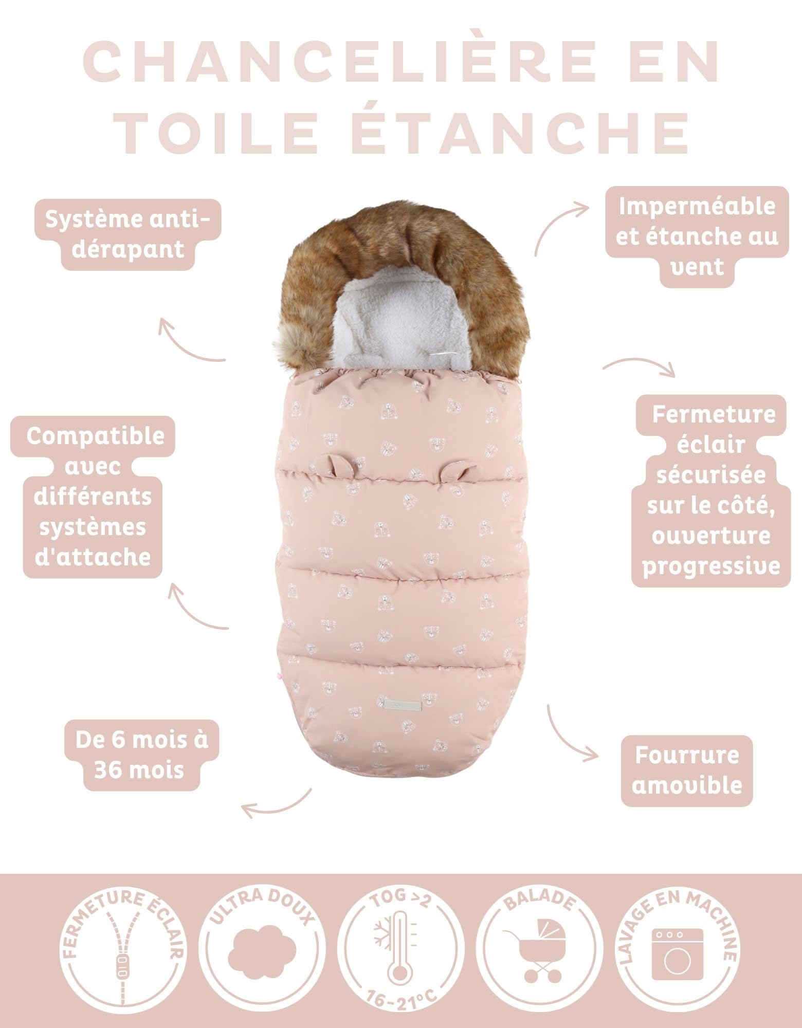 NOUKIE'S - Chancelière déperlante Rose - Coupe-vent - Doublure chaude pour l'hiver - Bébé - Compatible poussette et siège auto - 6 à 36 mois - Motif Félins - Anti-dérapant - 80x50 cm