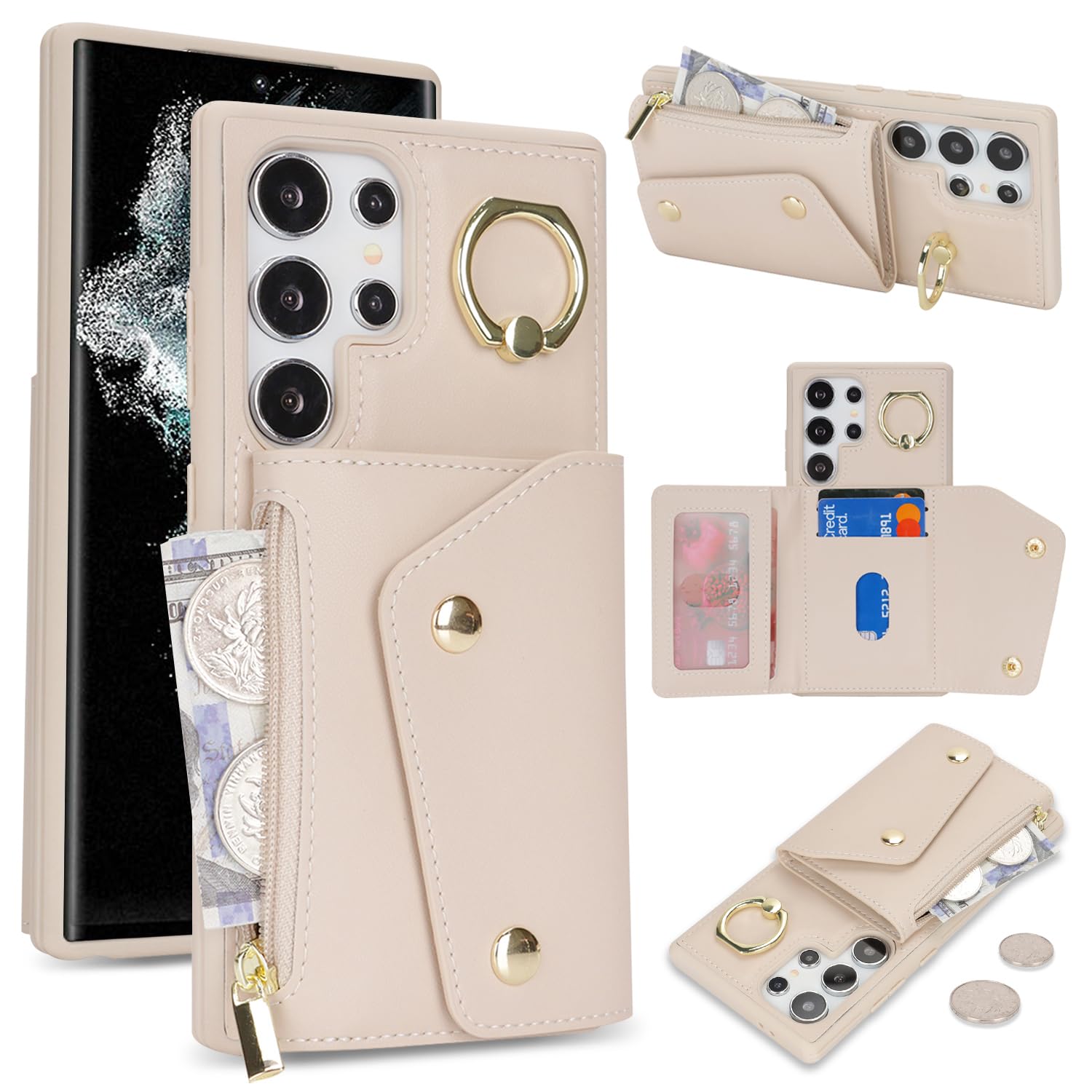 Lipvina for Samsung Galaxy S22 Ultra Case Wallet with Card Holder - Zipper Pocket,Credit Card Slots,RFID Blocking,Stand Ring,PU Leather Double Snap