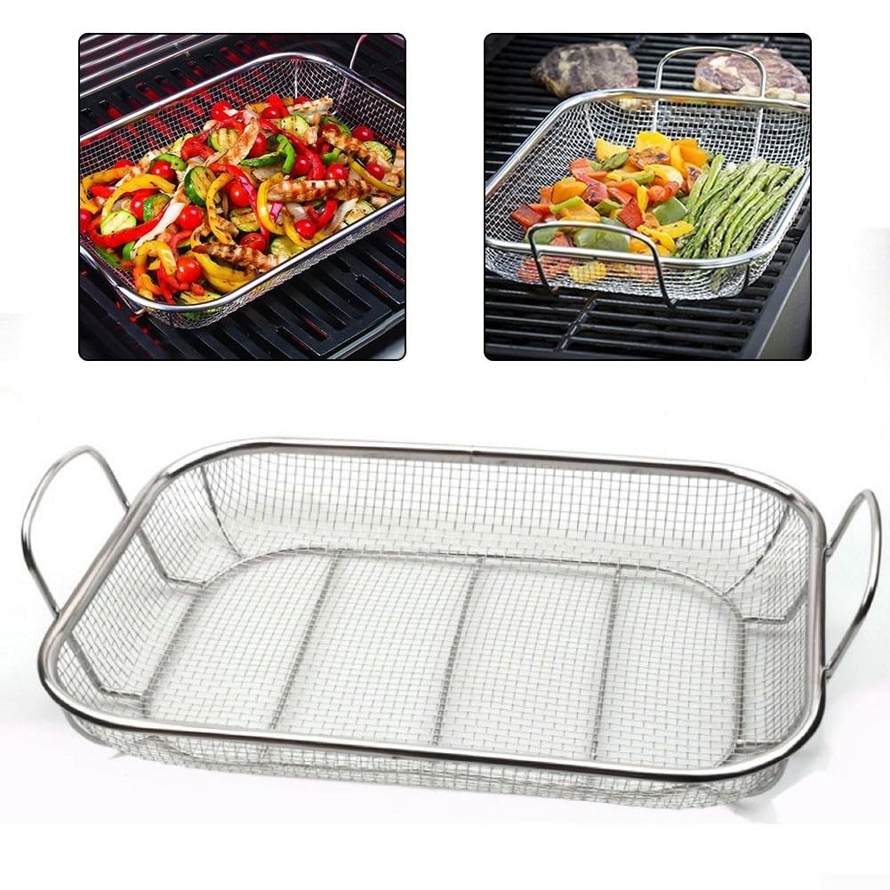 Cestino per verdure resistente, 38 x 28 cm, in acciaio inox, per barbecue, carne, pesce e frutti di mare, grande griglia per cucinare all'aperto con manici sicuri