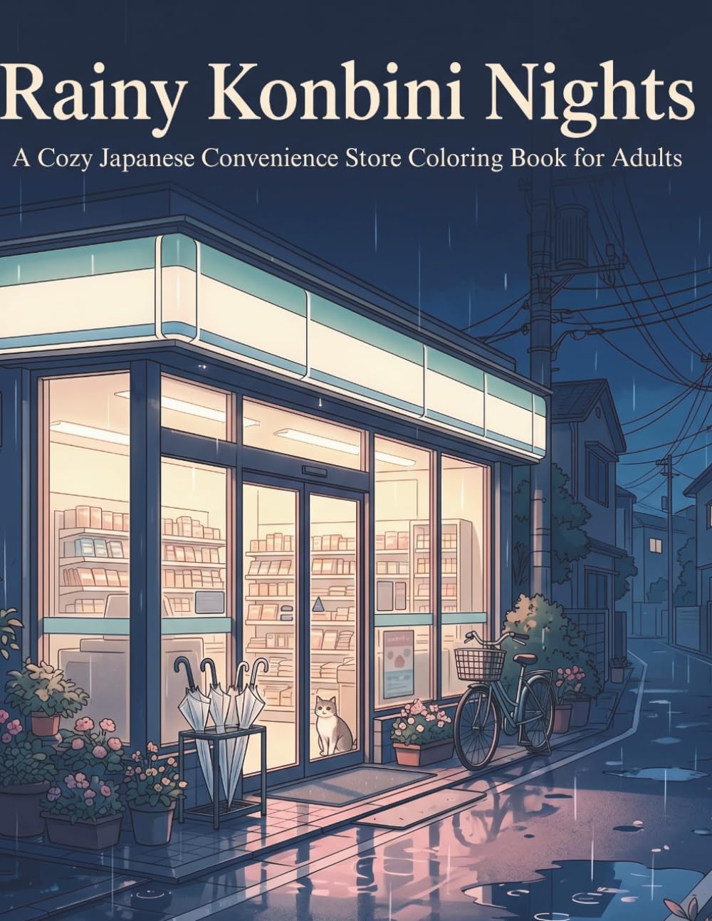 Rainy Konbini Nights: A Cozy Japanese Convenience Store Coloring Book for Adults Featuring Rainy Streets, Cats, Bicycles, Snacks, and Quiet Urban Japan