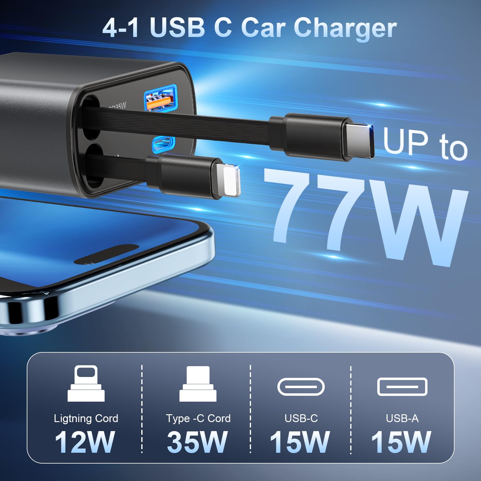 Cargador de coche retráctil USB C de carga rápida, adaptador de coche 4 en 1, cargador de teléfono para encendedor de cigarrillos de 77 W, cargador USB con cable USB C retráctil para iPhone 16/15/14