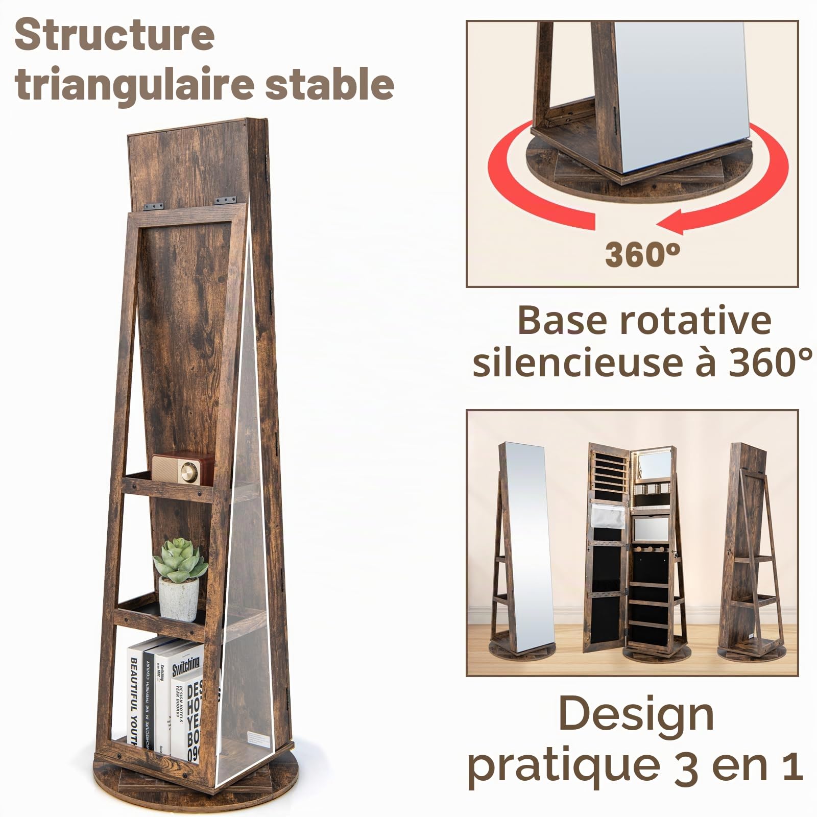 HOMASIS Armoire à bijoux 3 en 1 avec miroir intégral - Miroir rotatif à 360° avec serrure - Rangement de bijoux avec lumières LED - Organisateur de maquillage avec étagères à l'arrière (marron vintage