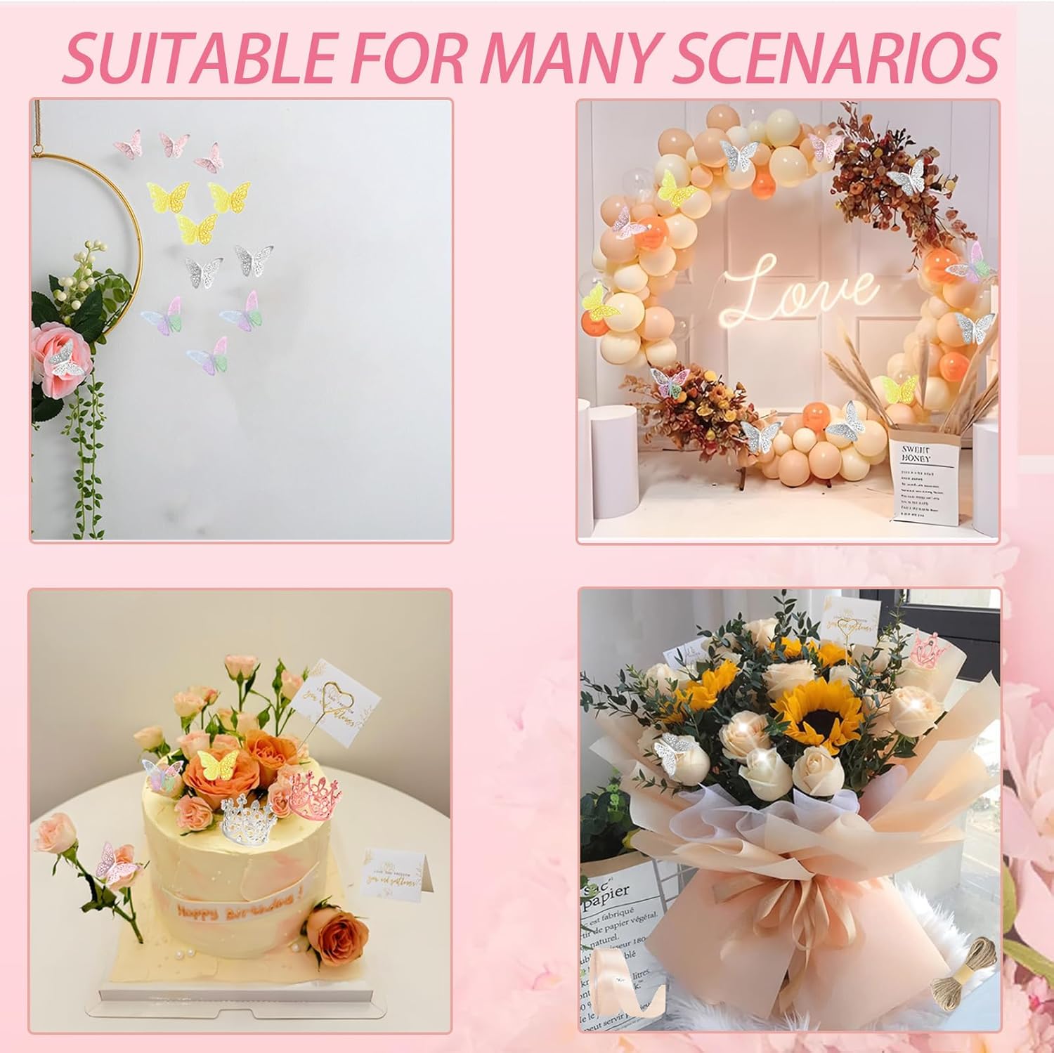 DNSGOOR 548Pcs Flower Wrapping Paper Kit with 200Sheets Waterproof Bouquet Wrapping Paper Decor Crowns 3D Butterfly Bouquet Pins Ribbons for Valentines Graduation Birthday Home Party