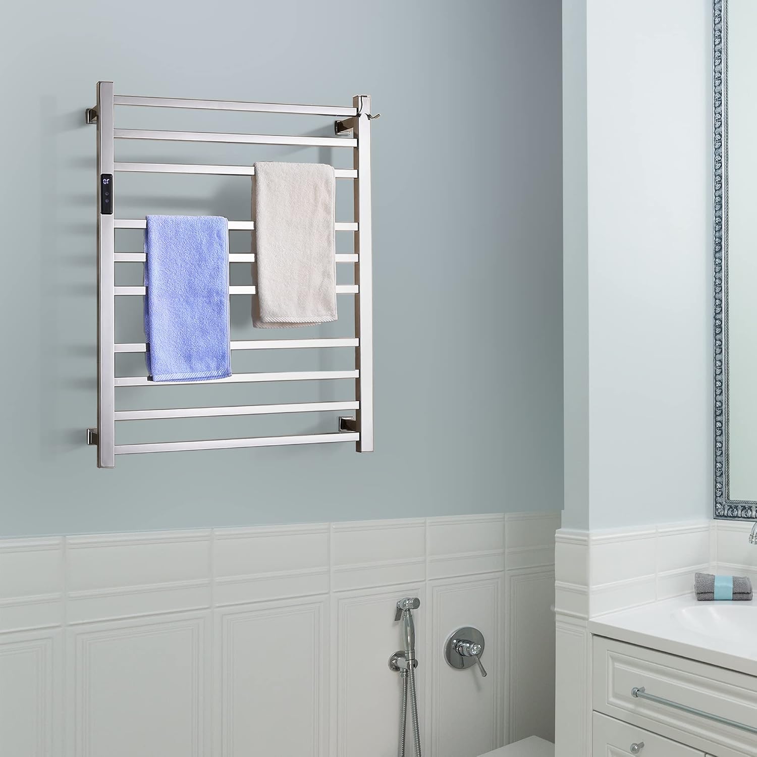 Keonjinn Towel Warmer for Bathroom Electric Heated Towel Rack with Built-in Timer 10 Bars Wall Mounted Bath Towel Heater Hardwired and Plug in, 304 Stainless Steel Polished 24 x 32 Inch Towel Rack : Home & Kitchen