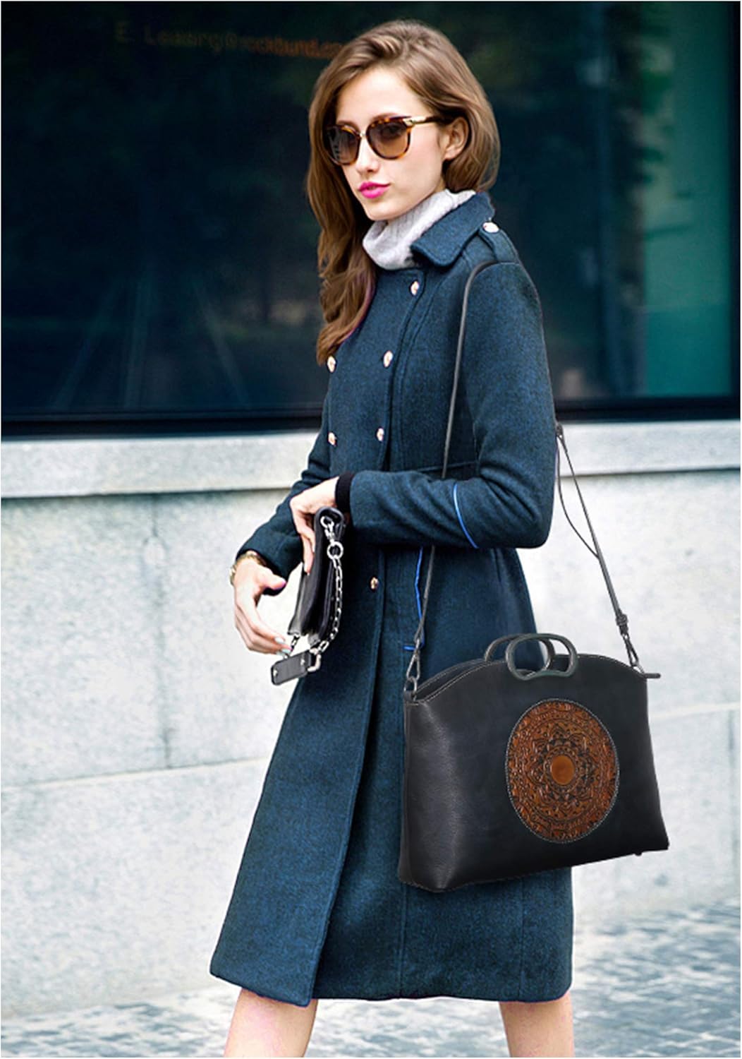 Genuine Leather Handbags for Women, Organizer Crossbody Bag Large Satchel Vintage Embossing Totem Shoulder Bag