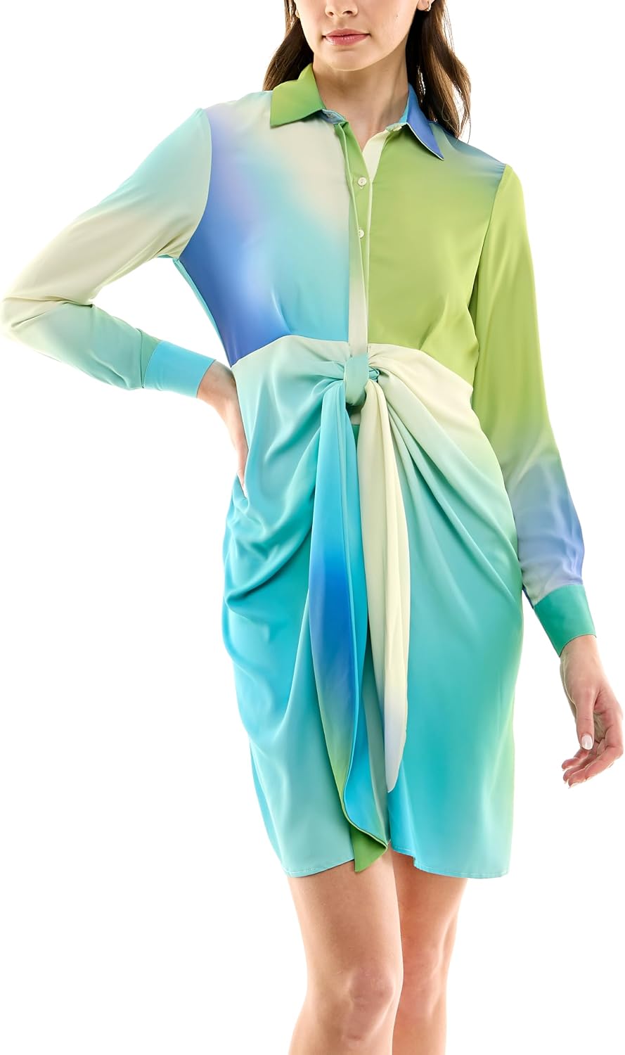 Nicole Miller New York Womens Long Sleeved Collared Tie Front Satin Dress