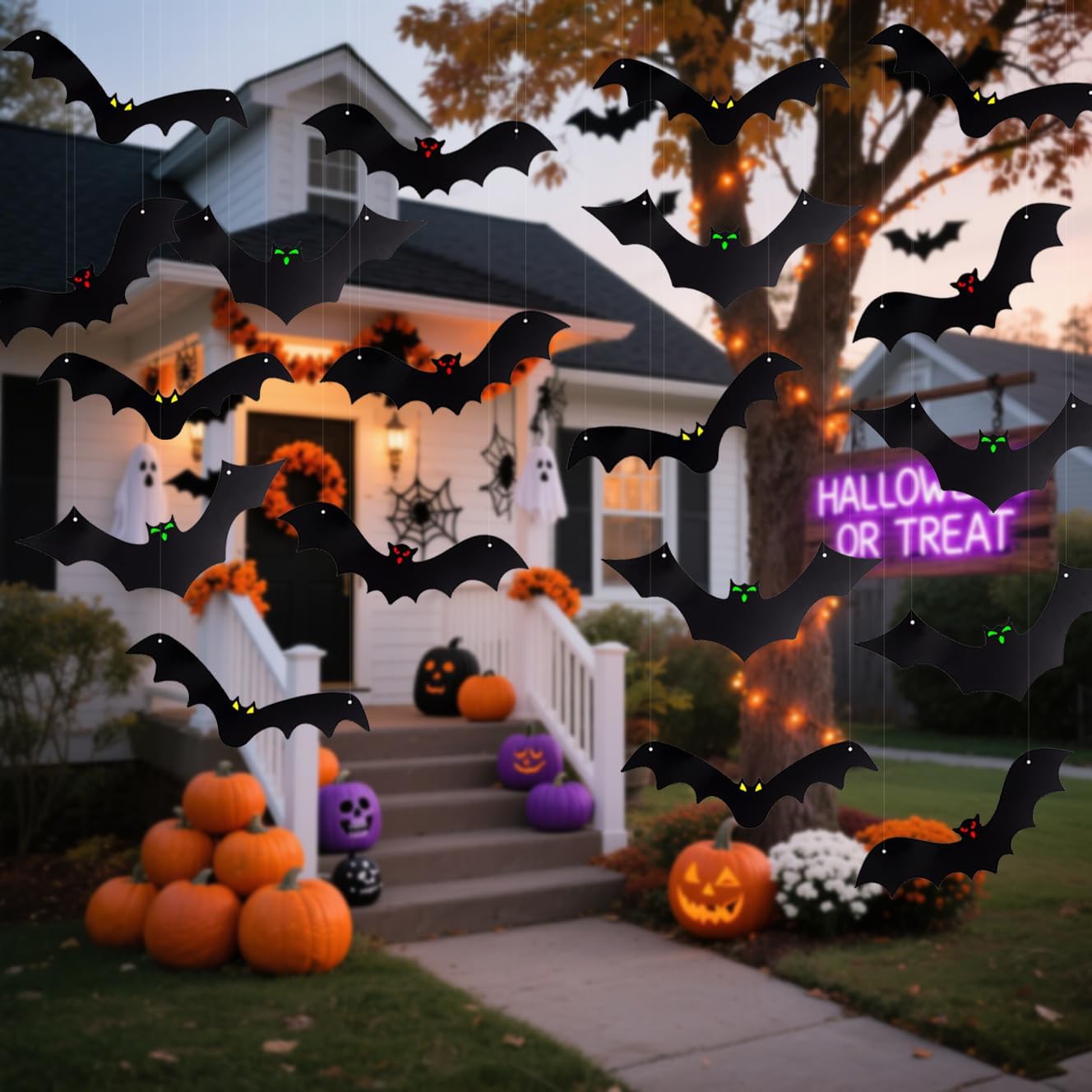 18Pcs 3D Hanging Bats Halloween Decorations Outdoor, Glow Eyes Scary Bat | 3 Styles Bat Decor for Yard Tree Porch，Glow-In-The-Dark Eyes for Spooky Outdoor Yard Decor