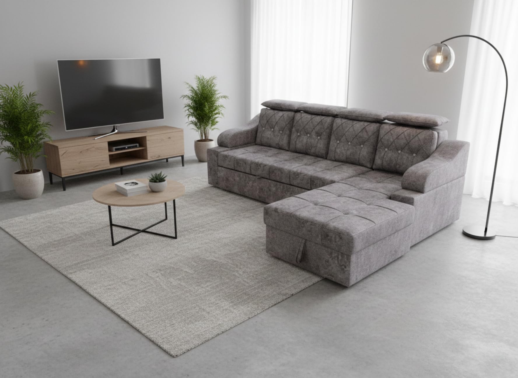 Roshan Furniture Premium Grey Fabric L-Shape Sofa Cum Bed with Storage | RHS Modern Convertible Sofa Set for Living Room