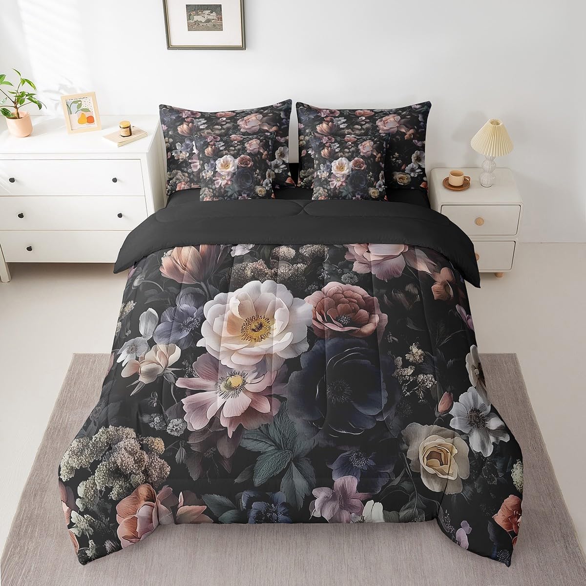 jejeloiu Kids Black Floral Comforter Set 7 Pieces King Size Retro Flower Bloosom Bedding Set for Boys Girls Rustic Rose Bed Set Bed in a Bag with Comforter, Sheets, Pillowcases & Cushion Covers - Image 2