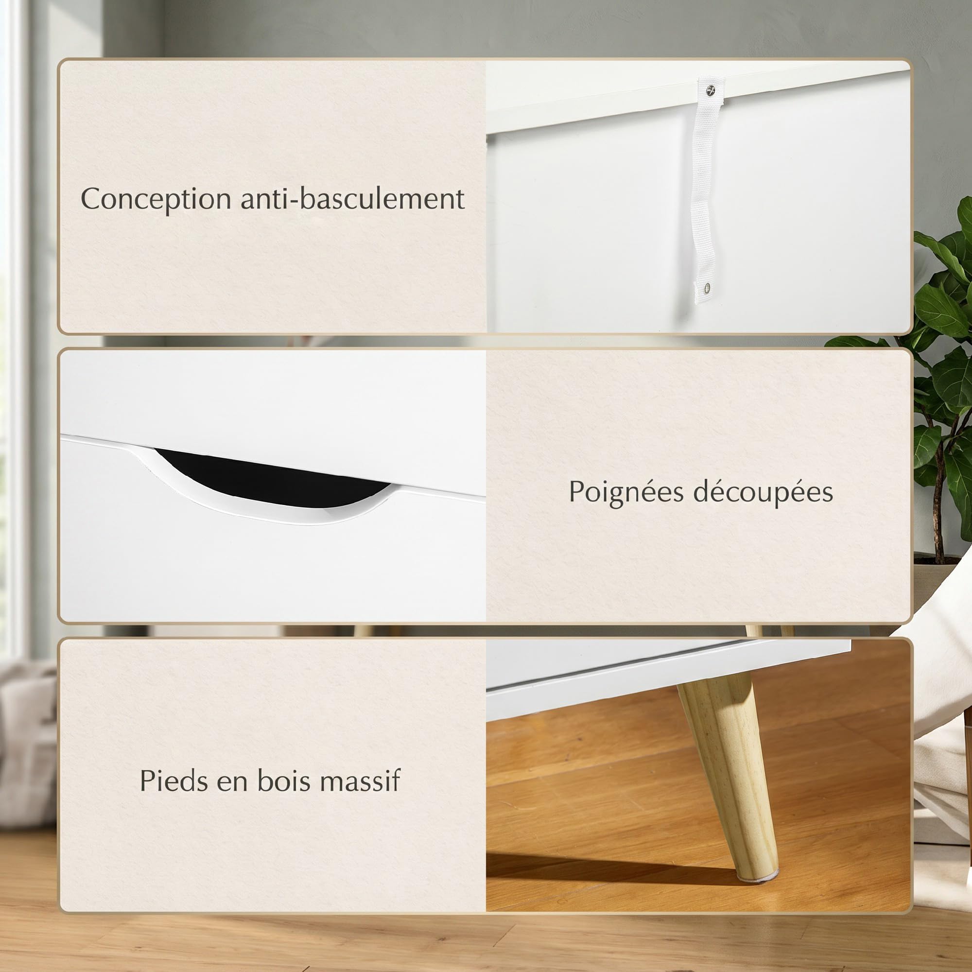 HOMCOM Komoda z 6 szufladami, szafka do przechowywania w stylu skandynawskim z drewnianymi nogami, do sypialni, salonu, 120 x 40 x 76 cm, biała