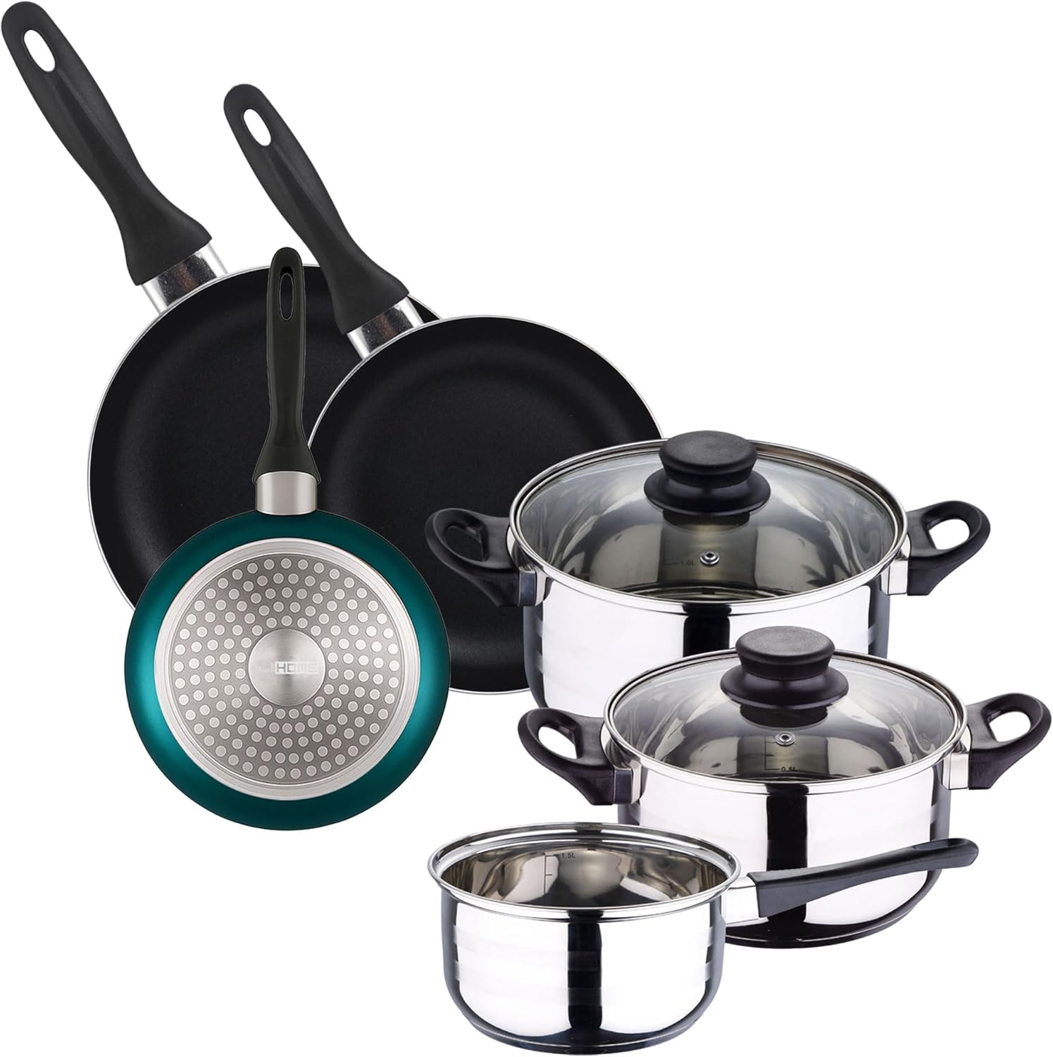 Cookware Set 5 Pieces Stainless Steel + 3-Piece Pan Set, Diameter 16 x 20 x 24 cm, Pressed Aluminium, Metallic Blue
