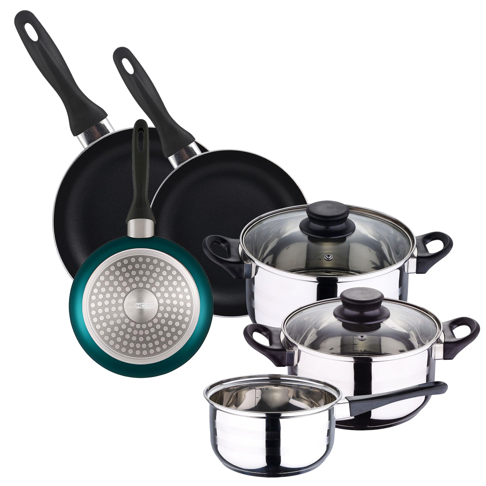 WELL HOME MOBILIARIO & DECORACIÓN Batería de cocina 5pc acero inoxidable + Set 3 sartenes 16/20/24 aluminio prensado, azul metalizado