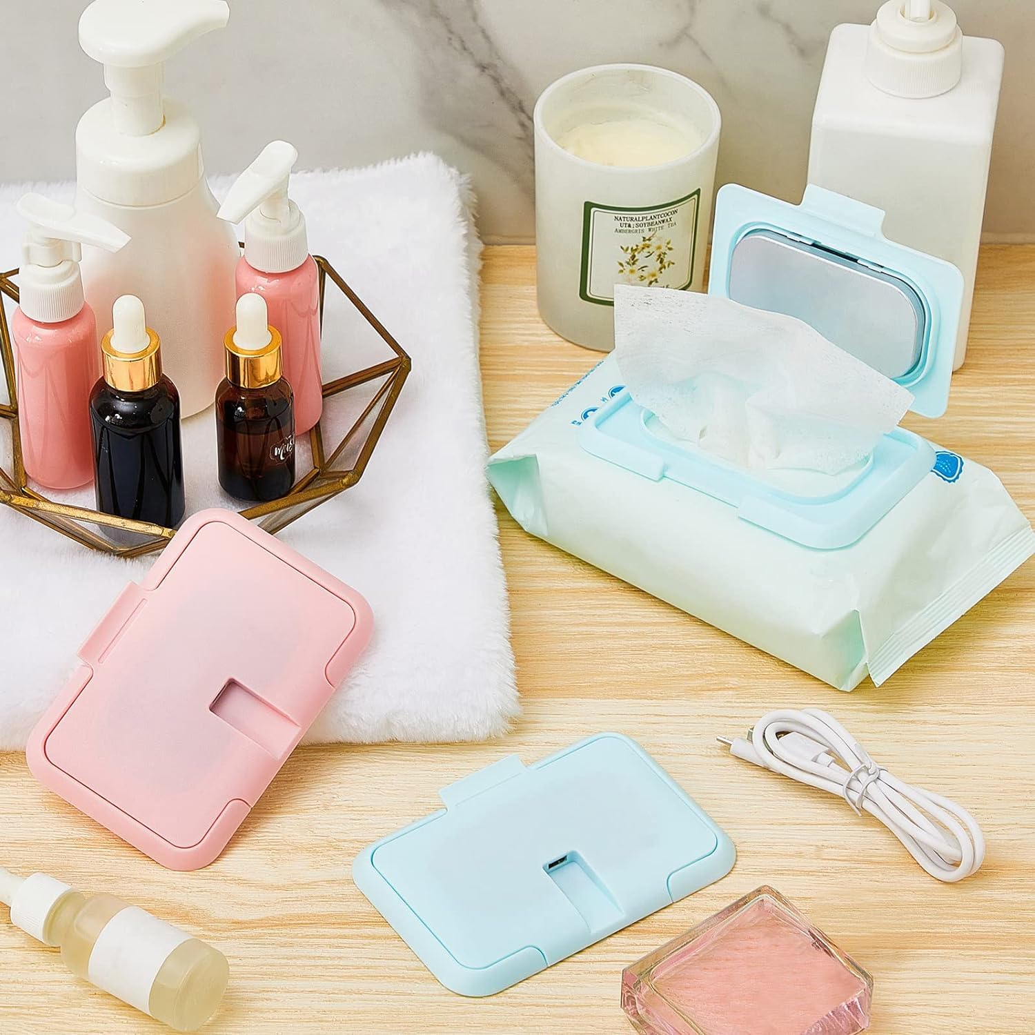Qcwwy Chauffage Portatif pour Lingettes Humides, Interface USB, Haute efficacité, Température de 104 °F, Chauffage par Le Haut, Convient pour la Maison, la Voiture, L'extérieur (Pink)