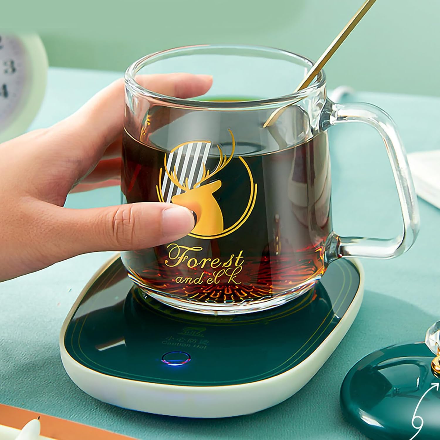 Uonlytech Ceramic Coffee Cup Warmer with Heating Coaster and Scoop Portable Insulation Mug Warmer for Hot Drinks Compact Green Glass Design US Plug Acv for Office and Home Use