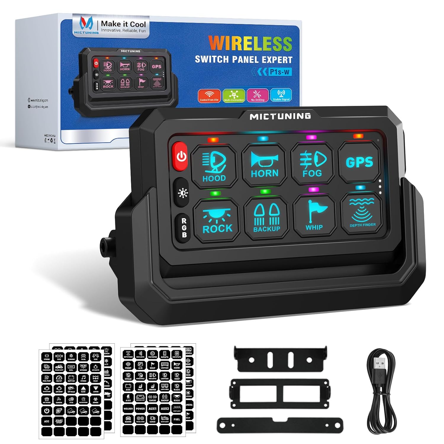 MICTUNING 8 Gang Wireless Switch Panel Suitable for P1S-W, 328FT 433MHz Remote Range Up to 4-Panel Sync, Plug and Play, Multifunction Toggle Momentary Strobe Pulsed for Car(Panel Only)