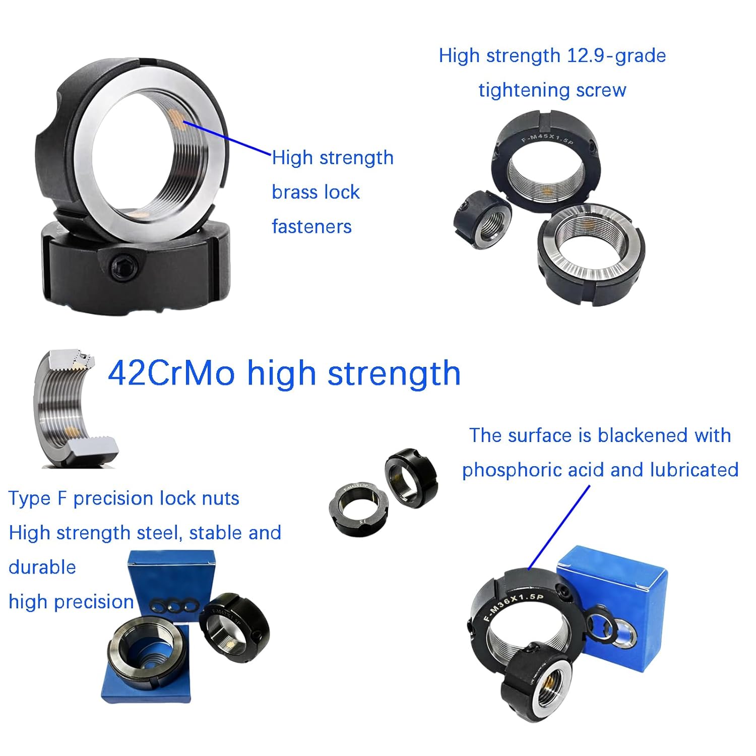 2Pcs F30 Precision Lock Nut for Roller Screws,M30 x 1.5 F Type Nut, 42CrMo Alloy Steel, 4H Threads, Phosphated and Lubricated - Copper Locking Screw Included