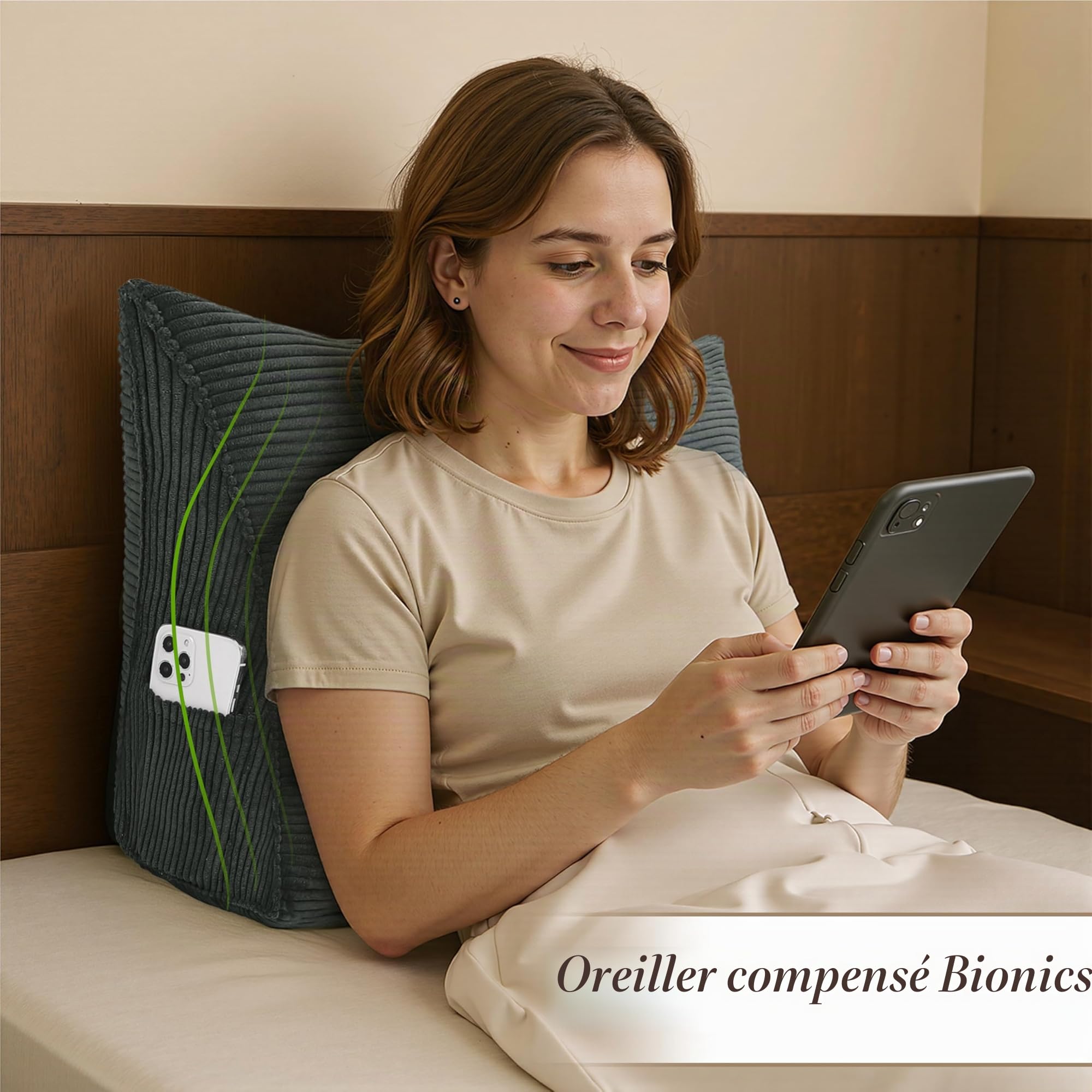 Coussin de Lecture Triangulaire en Velours Côtelé - Support Ergonomique pour Tête de Lit et Canapé - Housse Amovible Lavable (Gris Foncé, 45x35x20cm)