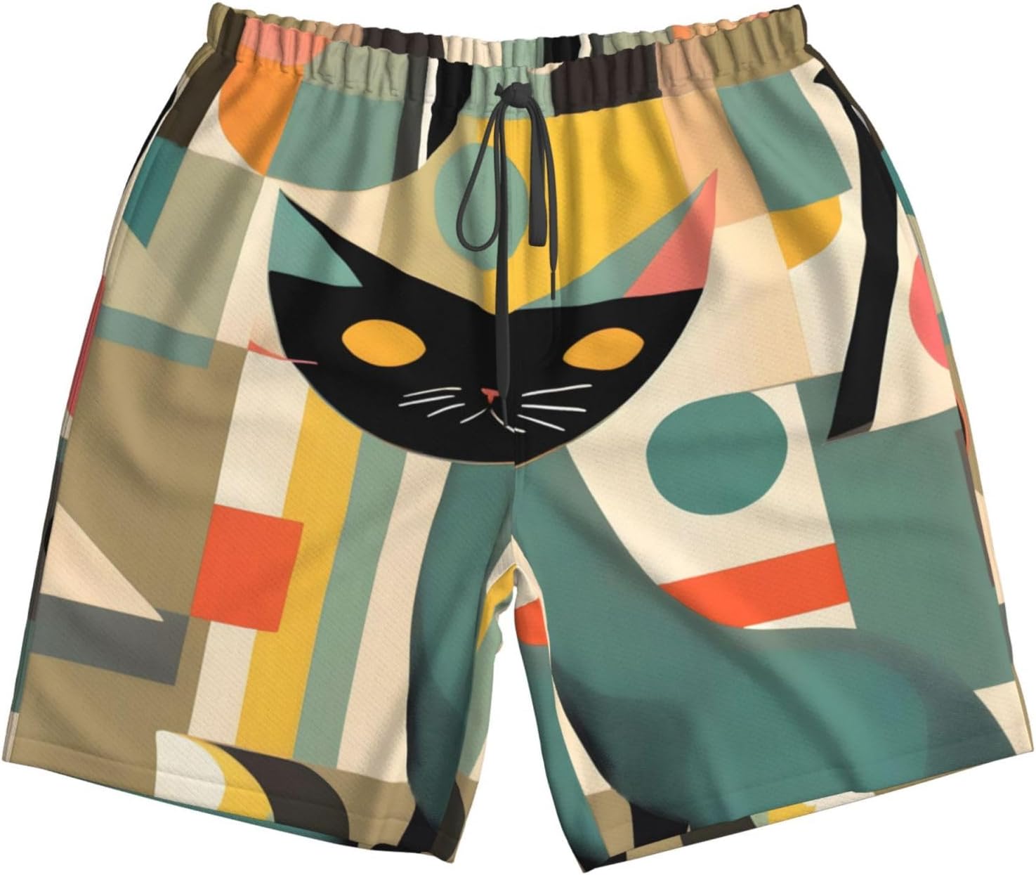 Mid-Century Modern Art Cat Print Men's Quick-Drying Shorts Casual Beach Pants Stretch Waist Shorts and Pockets