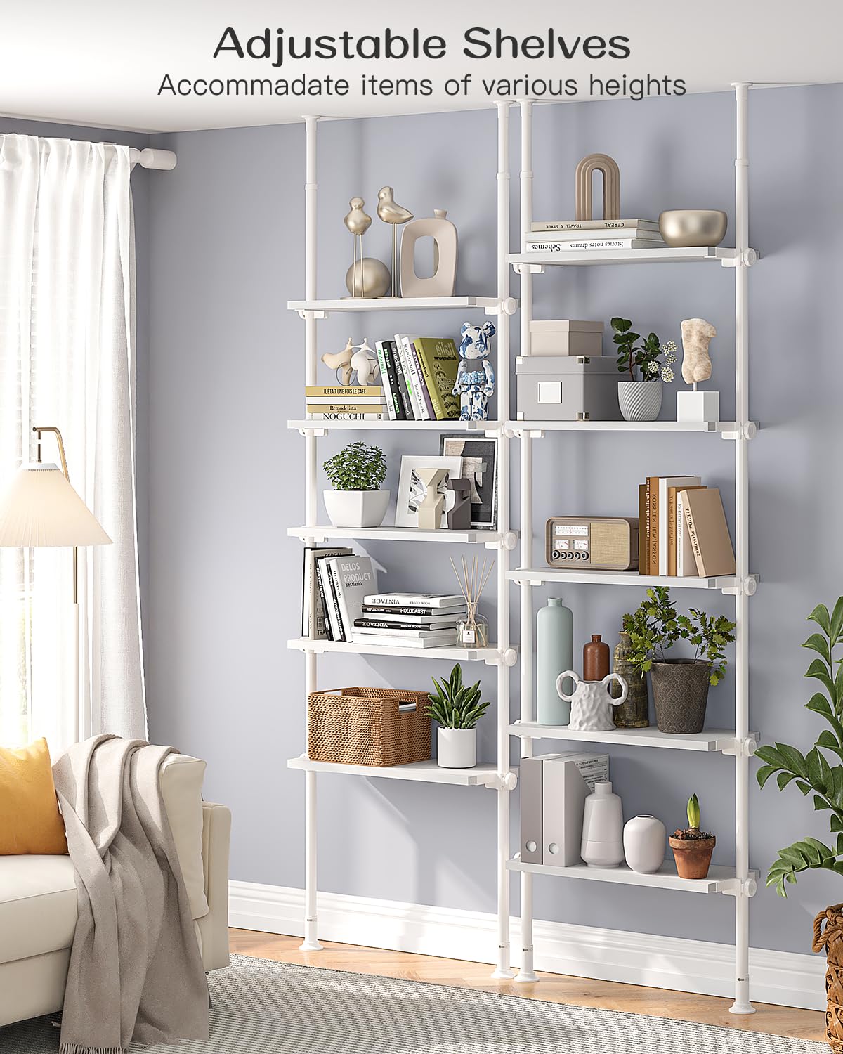 ALLZONE Libreria stretta a 5 livelli, scaffale alto regolabile con contenitore aperto, supporto a tensione dal pavimento al soffitto, libreria industriale in legno per soggiorno, da 233 a 300 cm