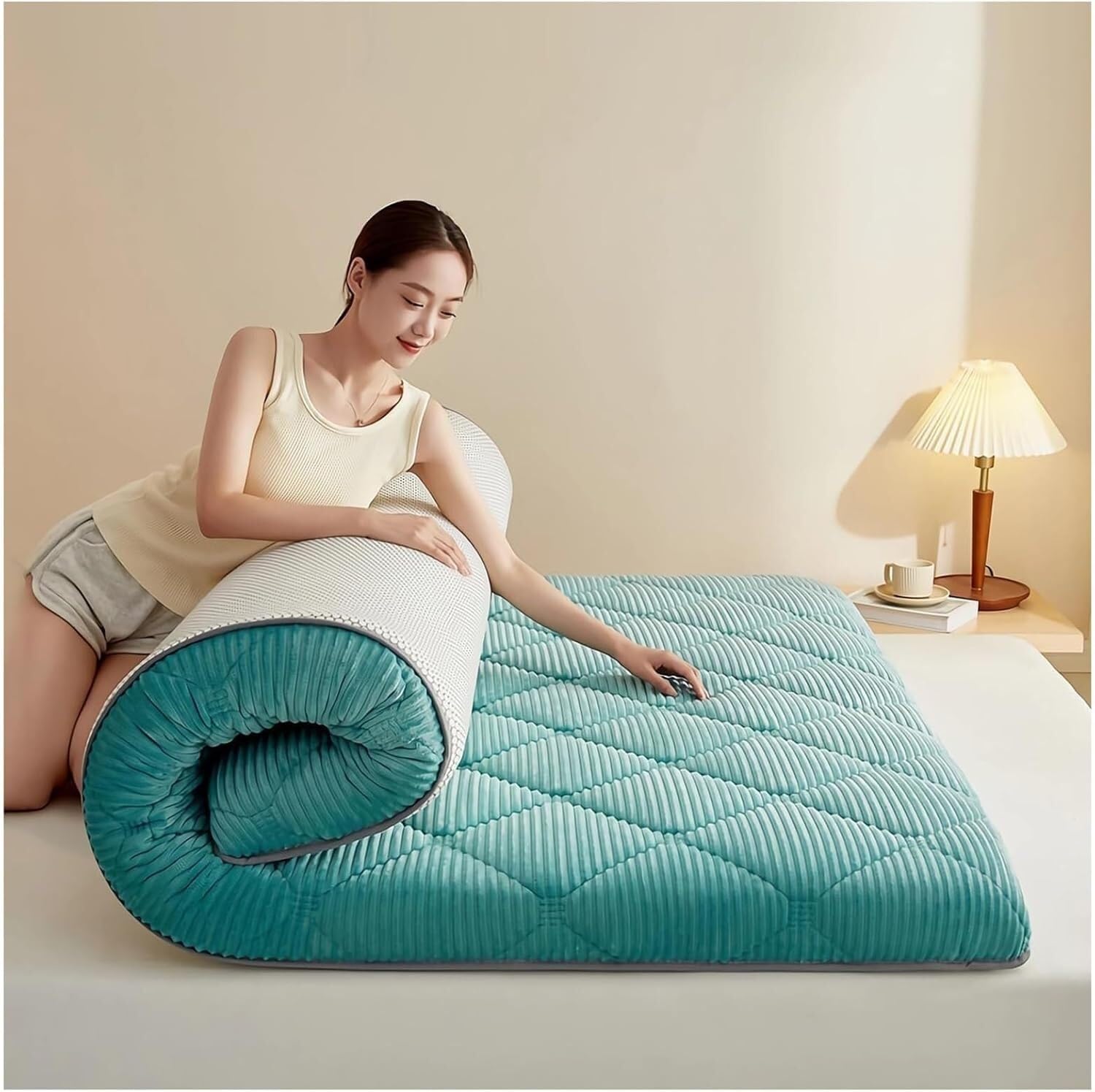 Bluedog Japanese Single Floor Mattress Thicken Tatami Mat Roll Style Up Tatami Japanese Floor Mattress Breathable Floor Lounger Guest Bed(D,90 * 190cm)