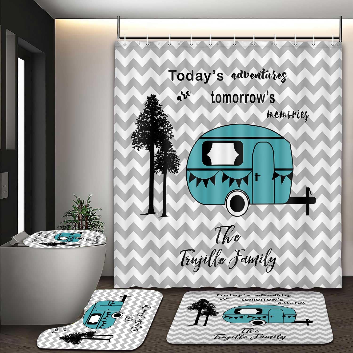 JAWO 4 Piece Camper RV Shower Curtain Sets with Non-Slip Rugs, Toilet Lid Cover and Bath Mat,Trailer Travel with Tree Stripes Shower Curtain with 12 Hooks