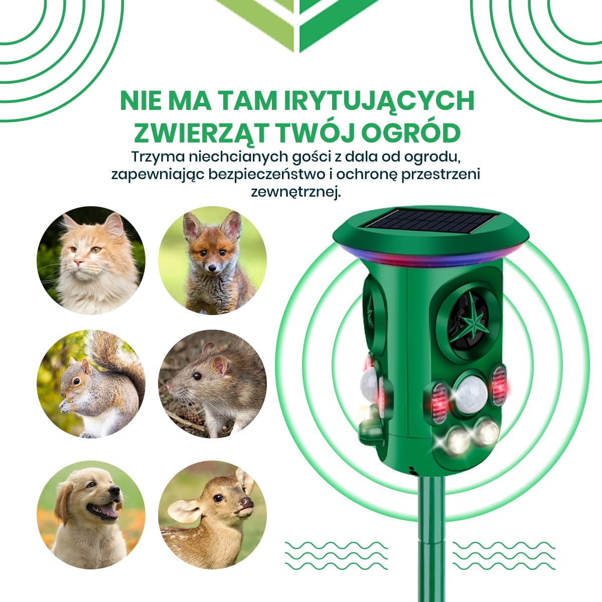 Odstraszacz kotów Fleau Garden PRO - Odstraszacz zwierząt - Ultradźwiękowy - Energia słoneczna - kun - gołębi - szkodników - Wodoodporny (Zielony — ochrona 360°)
