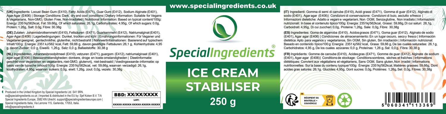 Special Ingredients Ice Cream Stabiliser 250g - Stabilisant pour glaces & sorbets - Convient aux végétariens & véganes - Sans gluten - Non-OGM - Qualité supérieure - Emballage recyclable