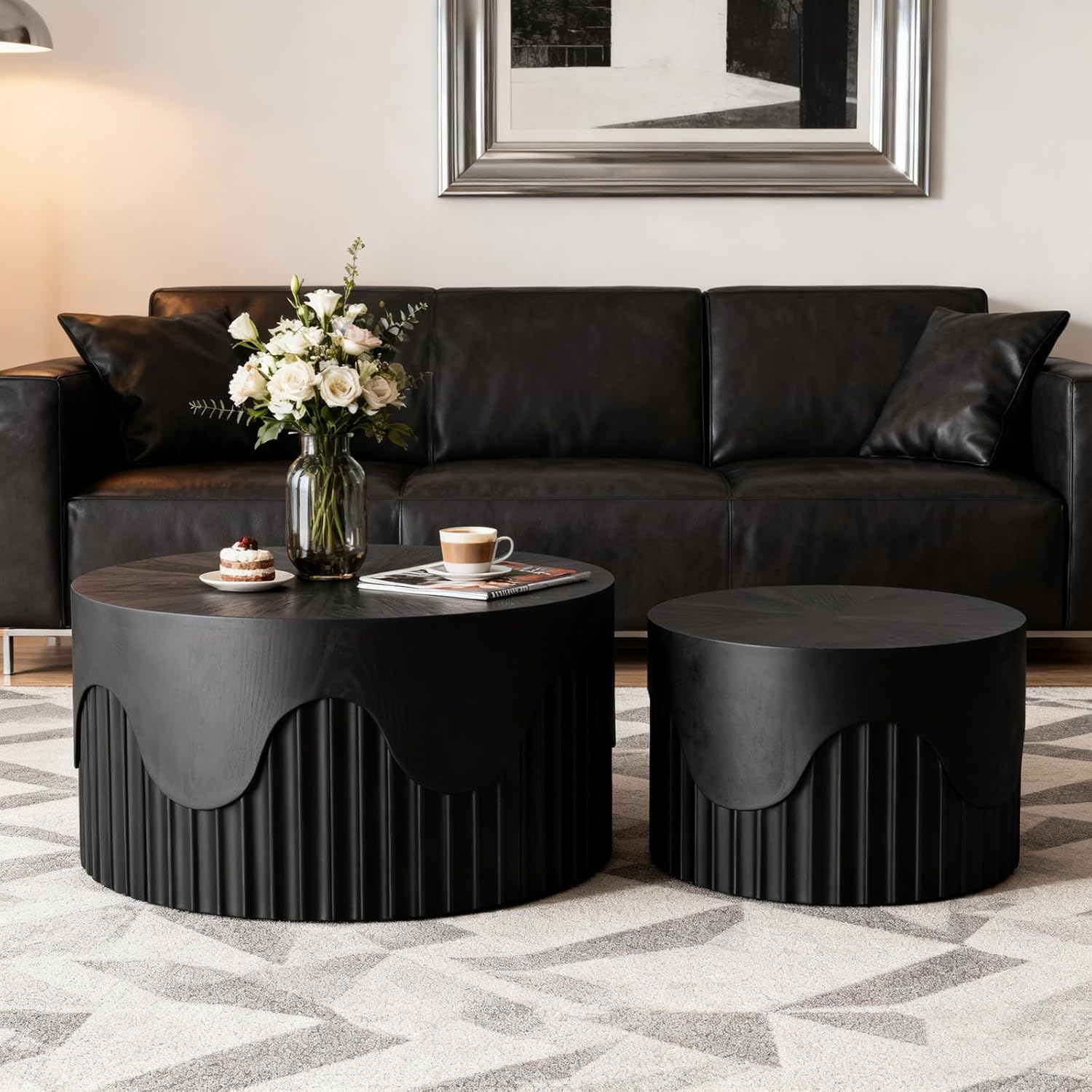 Fluted Round Coffee Table Set of 2, Modern Wood Nesting Coffee Tables, Unique End Tables Set Accent Furniture for Living Room, Bedroom, Small Spaces (26.77"+19.69" Black)
