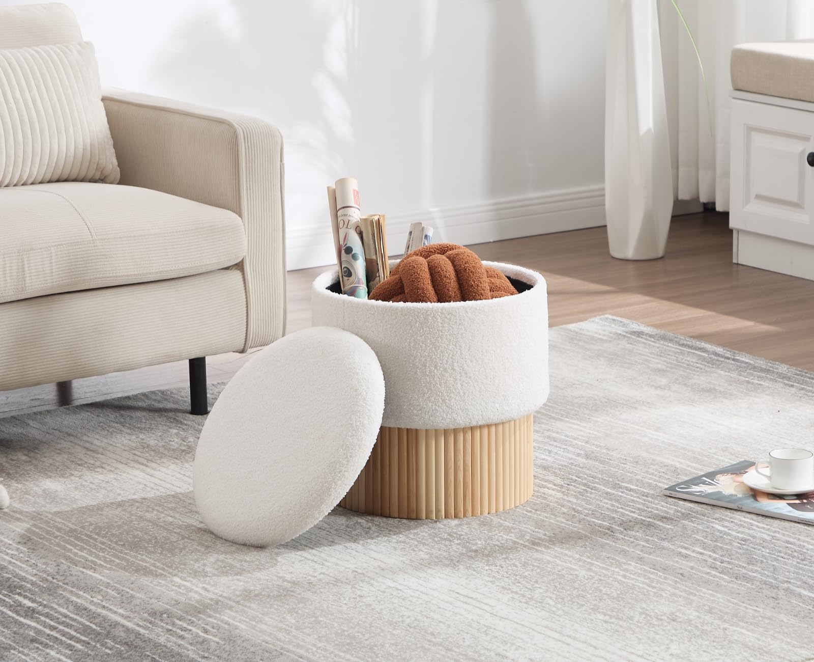 Pouf Contenitore Puff in Pelliccia per Camera da Letto, Bianco | Cassapanca Contenitore Rotonda, Pouf Poggiapiedi Imbottita, Sgabello Contenitore in Legno per Soggiorno/Trucco/Salotto
