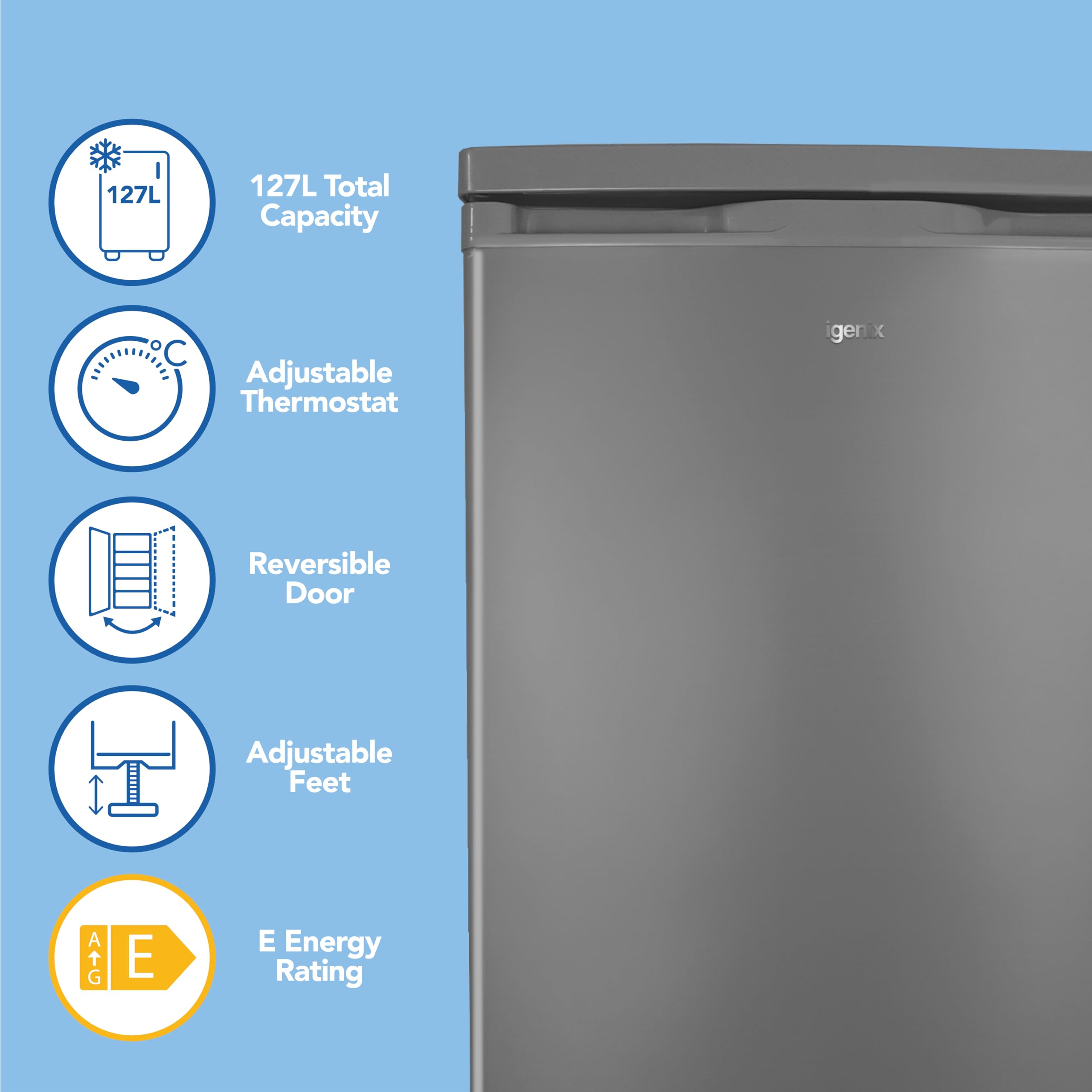 Igenix IG255X Freestanding Under Counter Larder Fridge with 2 Adjustable Glass Shelves, 1 Salad Drawer with Shelf On Top, Reversible Door, 127 Litre Capacity, 55 cm Wide, Inox — view 2