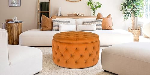 Miniatura 9 de Joveco Otomana redonda de almacenamiento, otomana tapizada con botones y parte superior extraíble, banco de almacenamiento, mesa de café,